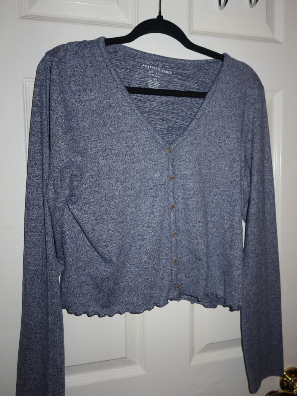 American Eagle Heathered Blue Button-Front Cropped Cardigan top